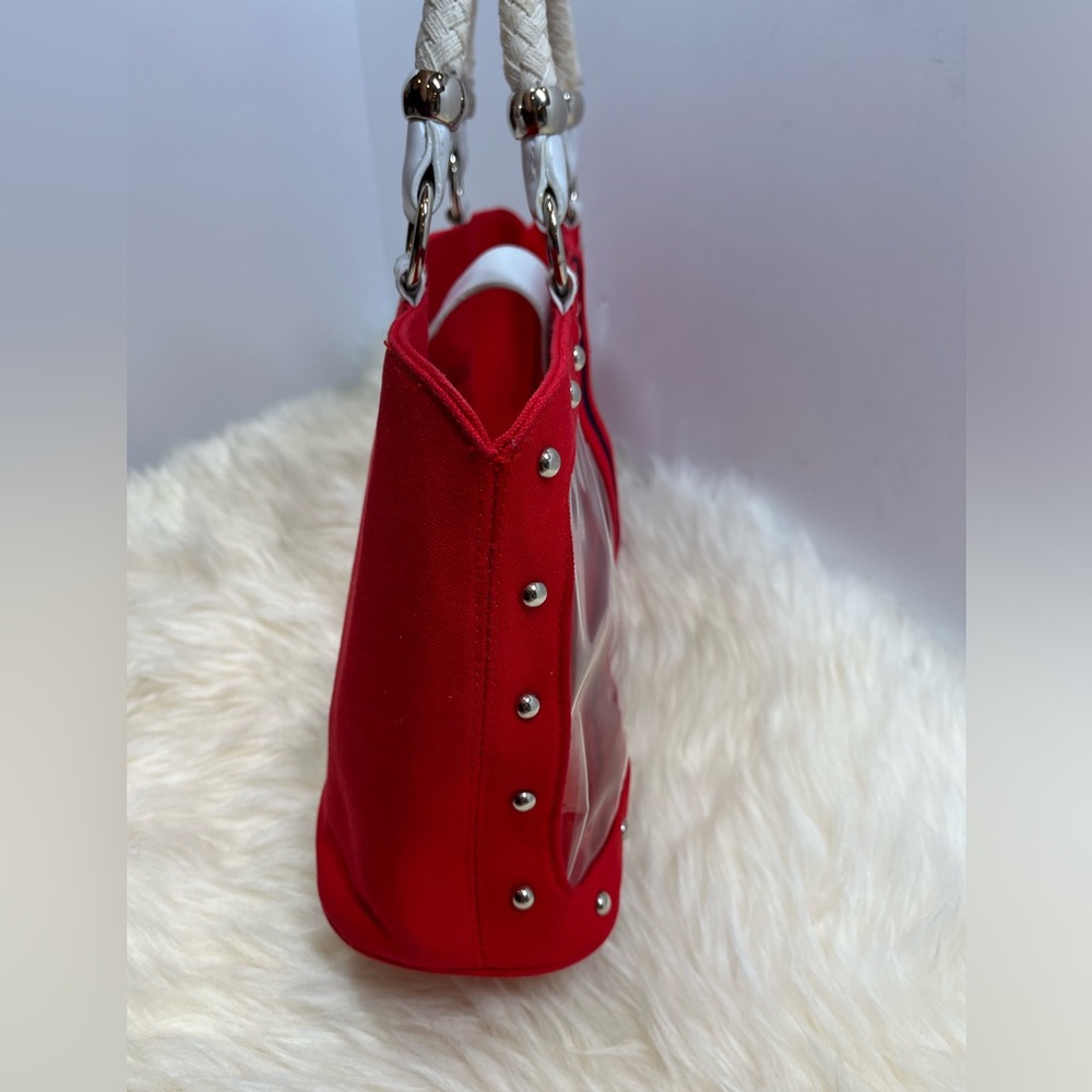Nautical Studded Rope Handle Retro Handbag Red White Blue w Clear Poly Windows - Picture 3 of 14